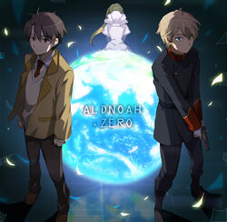  2boys absurdres aldnoah.zero asseylum_vers_allusia back bad_id bad_pixiv_id blazer blonde_hair brown_eyes brown_hair dress earth_(planet) female gloves green_eyes grey_hair gun handgun highres jacket kaizuka_inaho meer_rowe military military_uniform multiple_boys necktie photoshop_(medium) planet school_uniform short_hair slaine_troyard sweater sweater_vest uniform weapon white_gloves 