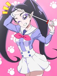  bow bowtie commentary_request cosplay female go!_princess_precure holding holding_wand long_sleeves miss_siamour miss_siamour_(human) noble_academy_school_uniform one_eye_closed paw_wand pink_bow pleated_skirt pointy_ears precure puffy_long_sleeves puffy_sleeves sailor_collar school_uniform skirt solo suspender_skirt suspenders tj-type1 uniform wand 