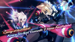  2boys acura_(gunvolt) azure_striker_gunvolt azure_striker_gunvolt_2 battle blonde_hair electricity english_text gun gunvolt hatakeyama_yoshitaka highres male_focus multiple_boys official_art official_wallpaper weapon white_hair 