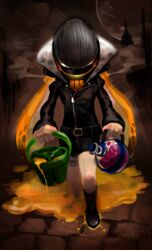  absurdres belt bike_shorts black_footwear bomb boots bottle bucket commentary_request explosive female full_body helmet highres ink inkling inkling_girl inkling_player_character jacket leather leather_jacket mask orange_hair solo splatoon_(series) splatoon_1 tentacle tentacle_hair toxic_mist_(splatoon) tri-slosher_(splatoon) uminosachi walking 