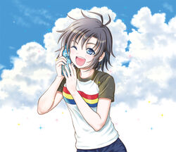  ahoge antenna_hair ariga_nao black_hair blue_eyes blush cloud commentary_request day female idolmaster idolmaster_(classic) kikuchi_makoto one_eye_closed open_mouth ramune shirt short_hair sky smile solo t-shirt 