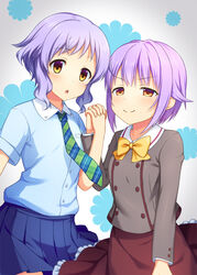  &gt;:) 2girls :o brown_eyes commentary_request hair_ornament holding_hands idolmaster idolmaster_cinderella_girls idolmaster_million_live! interlocked_fingers koshimizu_sachiko looking_at_viewer makabe_mizuki mashima_(sumachi) multiple_girls necktie open_mouth photoshop_(medium) purple_hair school_uniform short_hair skirt smile v-shaped_eyebrows yellow_eyes 