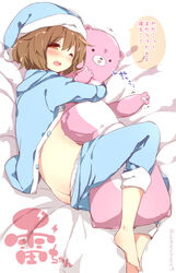  ass barefoot blush brown_eyes brown_hair commentary_request female hair_ornament hairclip hat hug ikazuchi_(kancolle) kantai_collection lying nightcap on_side one_eye_closed open_clothes pajamas pajamas_pull panties panty_pull polka_dot polka_dot_panties short_hair stuffed_animal stuffed_toy translation_request underwear watanon_(gakushokutei) white_panties 