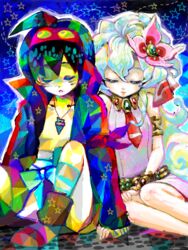  1boy aged_down closed_eyes collaboration colorful couple female flower goggles hair_flower hair_ornament jewelry nia_teppelin nosuke_(umiboshi) simon_(ttgl) sitting straight takatora tegaki tengen_toppa_gurren_lagann 