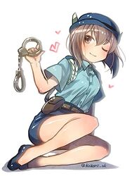  alternate_costume belt brown_eyes brown_hair commentary cosplay cuffs female hair_between_eyes handcuffs hat heart kantai_collection kazami_miki one-hour_drawing_challenge one_eye_closed pencil_skirt police police_uniform policewoman pun shadow short_hair skirt smile solo taiho_shichauzo taihou_(kancolle) tsujimoto_natsumi tsujimoto_natsumi_(cosplay) twitter_username uniform 