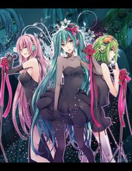  3girls aqua_eyes aqua_hair commentary_request dress elbow_gloves fishnet_pantyhose fishnets flower garter_straps gloves green_eyes green_hair gumi hat hatsune_miku headphones highres letterboxed long_hair megurine_luka microphone microphone_stand mini_hat mini_top_hat multiple_girls music noka_(blackheart1118) open_mouth pantyhose pink_hair singing thighhighs top_hat twintails very_long_hair vocaloid zoom_layer 