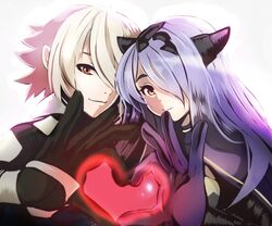  1boy camilla_(fire_emblem) commentary corrin_(fire_emblem) corrin_(male)_(fire_emblem) english_commentary female fire_emblem fire_emblem_fates grey_hair hair_over_one_eye harukagi heart heart_hands heart_hands_duo looking_at_viewer pointy_ears purple_hair simple_background swept_bangs tiara 