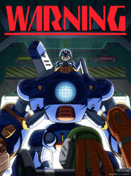  2boys backlighting blurry clenched_teeth commentary copyright_name dated depth_of_field evil_grin evil_smile glitcher green_eyes grin looking_at_viewer machinery mega_man_(series) mega_man_x8 mega_man_x_(series) multiple_boys ride_armor role_reversal sign smile sweatdrop teeth vile_(mega_man) vile_v_(mega_man) warning_sign watermark x_(mega_man) 