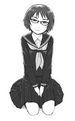  :| closed_mouth commentary_request female glasses greyscale highres looking_at_viewer monochrome naotan original school_uniform seiza serafuku short_hair sitting 