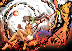  ass bell brown_eyes brown_hair commentary_request covered_navel female fire hair_bell hair_ornament long_hair nataku_(sennen_sensou_aigis) okina_(805197) orange_footwear orange_thighhighs polearm sennen_sensou_aigis shoes solo spear thighhighs weapon 