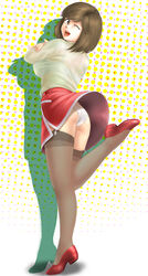  ass brown_hair commentary_request female garter_straps highres mai_machiko maicching_machiko-sensei one_eye_closed panties photoshop_(medium) short_hair solo thighhighs toten_(der_fuhrer) underwear white_panties wind wind_lift 