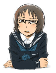  brown_eyes brown_hair commentary_request female glasses looking_at_viewer naotan open_mouth original school_uniform serafuku short_hair solo 