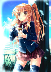  blazer blush brown_eyes brown_hair chuunibyou_demo_koi_ga_shitai! cloud commentary_request day eating female glass highres icho_private_high_school_uniform jacket long_hair nanairo_fuusen nibutani_shinka outdoors parfait school_uniform side_ponytail skirt sky spoon thighhighs utensil_in_mouth zettai_ryouiki 