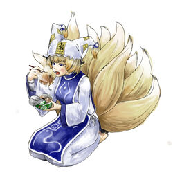  aburaage animal_hat bad_id bad_pixiv_id barefoot blonde_hair blue_eyes chopsticks cup_ramen donbei_kitsune_udon eating expressive_clothes female food fox_tail hands hat highres instant_udon long_sleeves mob_cap multiple_tails nissin_donbei noodles open_mouth robe seiza short_hair sitting solo surcoat tail tassel teke-emon touhou translated udon white_background wide_sleeves yakumo_ran 