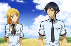  1boy black_hair blonde_hair blue_eyes brother_and_sister commentary_request female kousaka_kirino kousaka_kyousuke long_hair necktie ore_no_imouto_ga_konna_ni_kawaii_wake_ga_nai school_uniform short_hair siblings toryi 