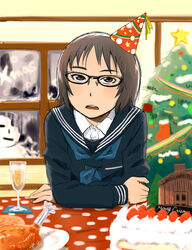  brown_eyes brown_hair christmas christmas_tree commentary_request female glasses hat looking_at_viewer naotan open_mouth original party_hat school_uniform serafuku short_hair 