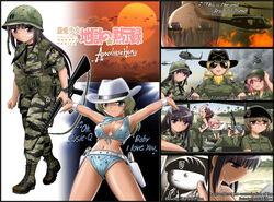  aircraft akemi_homura ammunition_pouch anger_vein apocalypse_now assault_rifle bandaid beamed_sixteenth_notes beret black_hair boots breasts campaign_hat captain_benjamin_l._willard chief_quartermaster_george_phillips cleavage colonel_walter_e._kurtz cowboy_hat creedence_clearwater_revival crop_top eighth_note engineman_3rd_class_jay_hicks english engrish front-tie_top gun gunner&#039;s_mate_3rd_class_lance_b._johnson gunner&#039;s_mate_3rd_class_tyrone_miller hairband hat helicopter helmet holster jungle kaname_madoka kyuubee lieutenant_colonel_william_kilgore load_bearing_equipment long_hair looking_at_viewer m16a1 m60 magical_girl mahou_shoujo_madoka_magica medium_breasts miki_sayaka military military_uniform multiple_girls musical_note nature navel parody patrol_boat_river_(pbr) pouch ranguage rifle sakura_kyouko saotome_kazuko shingyouji_tatsuya shizuki_hitomi short_hair sunglasses sweat the_doors tigerstripe_(camo) tomoe_mami uh-1_iroquois uniform us_army vietnam watch weapon wristwatch 