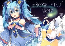  &gt;_&lt; 2017 aqua_eyes aqua_hair character_name closed_eyes commentary_request constellation constellation_print detached_sleeves dress female fingerless_gloves gloves hatsune_miku long_hair looking_at_viewer nail_polish open_mouth rabbit rabbit_yukine shizuku_(puti_0414) snowflakes star_(symbol) star_night_snow_(vocaloid) treble_clef twintails very_long_hair vocaloid wand yuki_miku yuki_miku_(2017) 