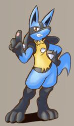  2015 ambiguous_gender anthro biped black_body black_fur blue_body blue_fur canid canine cocky dahecksajerry digital_media_(artwork) finger_wag full-length_portrait fur generation_4_pokemon gesture gloves_(marking) grin hand_gesture hand_on_hip looking_at_viewer lucario mammal markings nintendo orange_eyes pokemon pokemon_(species) portrait raised_finger raised_index_finger smile solo spikes standing yellow_body yellow_fur 