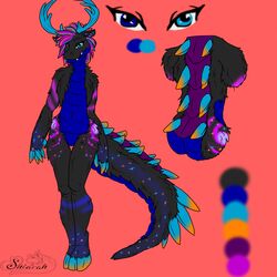  1:1 2015 alligator alligatorid ambiguous_gender anthro antlers bed_sheet bedding claws crocodilian cyan_hooves deer digital_media_(artwork) fur galaxy glowing hair hi_res highlights_(coloring) hooves horn hybrid mammal model_sheet multicolored_body multicolored_fur multicolored_hair orange_hooves plates_(disambiguation) red_background reptile scales scalie shiarah simple_background solo spikes watermark 