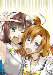  2girls amami_haruka bad_id bad_pixiv_id badge blue_eyes bokura_wa_ima_no_naka_de bow brown_hair choker collarbone commentary_request crossover cuffs fingerless_gloves gloves grey_eyes idolmaster idolmaster_(classic) kosaka_honoka love_live! love_live!_school_idol_project multiple_girls one_eye_closed one_side_up open_mouth ryuunagi_hyouga sweat v 