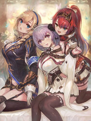  3girls alushe_anatolia blonde_hair blue_eyes breasts drill_hair green_eyes hairband heterochromia highres hug hug_from_behind large_breasts liliana_sailfin long_hair long_sleeves looking_at_another louenhide_ariarhod medium_breasts mole mole_under_eye multiple_girls official_art open_mouth ponytail purple_eyes purple_hair red_hair short_hair yoru_no_nai_kuni yoru_no_nai_kuni_2 yoshiku_(oden-usagi) 