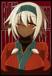  bad_id bad_pixiv_id breasts choker dark-skinned_female dark_elf dark_skin dougan_calpis_con elf female hairband japanese_clothes kimono large_breasts nisei_muramasa one_eye_closed orange_eyes pointy_ears red_kimono short_hair solo soukou_akki_muramasa white_hair 