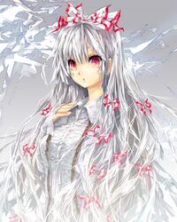  bad_id bad_pixiv_id bonnou-s-rice bow female fujiwara_no_mokou hair_ribbon hairbow highres long_hair red_eyes ribbon solo suspenders touhou white_hair 