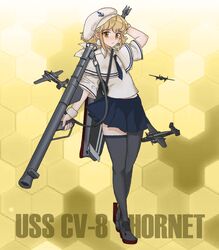  aircraft airplane arm_behind_head arm_up asymmetrical_legwear b-25_mitchell black_thighhighs blonde_hair blue_skirt blush capelet character_name commentary_request cstallionz female full_body hat holding holding_weapon honeycomb_(pattern) honeycomb_background kantai_collection m1_bazooka neckerchief original personification pleated_skirt pom_pom_(clothes) rocket_launcher sailor_hat short_hair skirt solo thighhighs uneven_legwear united_states uss_hornet_(cv-8) weapon wristband yellow_eyes zettai_ryouiki 