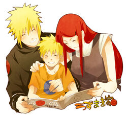  2boys alternate_universe blonde_hair closed_eyes commentary_request family female happy long_hair multiple_boys namikaze_minato naruto naruto_(series) reading red_hair spiked_hair uzumaki_kushina uzumaki_naruto xxll 