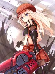  alisa_ilinichina_amiella ass bare_shoulders black_gloves black_legwear blonde_hair blue_eyes blush boots breasts brown_legwear cabbie_hat fingerless_gloves gloves god_eater god_eater_burst hat long_hair looking_back medium_breasts midriff navel pantyhose serious skirt solo sukesan suspender_skirt suspenders sword thigh_boots thighhighs underboob weapon 