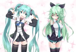  2girls :d aqua_eyes aqua_hair aqua_necktie bare_shoulders black_ribbon black_skirt black_thighhighs blue_necktie blush breasts choker color_connection commentary cosplay costume_switch detached_sleeves embarrassed green_hair hair_ornament hair_ribbon hairpin hatsune_miku hatsune_miku_(cosplay) joko_jmc kantai_collection long_hair look-alike medium_breasts multiple_girls necktie open_mouth ribbon skirt smile thighhighs twintails very_long_hair vocaloid yamakaze_(kancolle) yamakaze_(kancolle)_(cosplay) zettai_ryouiki 