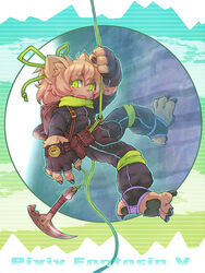  androgynous animal_ears axe claws climbing commentary_request fingerless_gloves furry gender_request gloves green_eyes green_rope oerba_yun_fang pixiv_fantasia pixiv_fantasia_5 ribbon rope sankuma solo weapon 