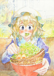  alcohol beer blonde_hair bowl chopsticks commentary_request dress eating egg female food grey_hair hat holding holding_bowl holding_chopsticks jacket kishin_sagume lettuce maribel_hearn mob_cap mononofu7 noodles purple_dress ramen short_hair solo sweat tears thats_not_it touhou traditional_media 