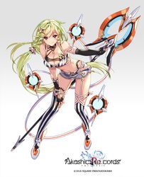  akashic_re:cords bangs black_gloves boots breasts cleavage commentary copyright_name elbow_gloves empew eyebrows_visible_through_hair fingerless_gloves gloves gradient gradient_background green_hair grey_background hair_between_eyes hair_ornament hand_on_own_thigh holding holding_weapon jewelry journey_to_the_west large_breasts leaning_forward looking_at_viewer midriff mismatched_legwear navel necklace orange_ribbon original polearm ponytail purple_eyes ribbon short_shorts shorts solo striped striped_legwear thighhighs tie_shan_gongzhu vertical-striped_legwear vertical_stripes weapon white_background white_ribbon 