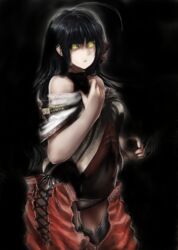  ahoge bad_id bad_pixiv_id bare_shoulders black_hair black_thighhighs derivative_work female glowing glowing_eyes hair_ornament hakama hakama_pants huge_ahoge japanese_clothes lace-up leotard long_hair m.u.g.e.n nontraditional_miko original pants red_pants sendai_hakurei_no_miko solo thighhighs third-party_edit touhou yellow_eyes yuudai_(oromizu) 