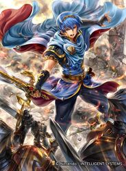  armor battle battlefield blue_eyes blue_hair boots cape company_connection copyright_name fingerless_gloves fire_emblem fire_emblem:_monshou_no_nazo fire_emblem_cipher gauntlets gloves helmet holding holding_weapon jewelry knee_boots male_focus marth md5_mismatch official_art open_mouth pants shield short_sleeves solo_focus sword taneda_kazuhiro tiara weapon 