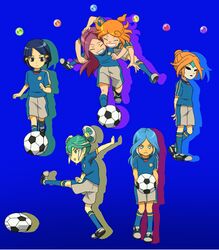  ball female hasuike_an inazuma_eleven inazuma_eleven_(series) kurakake_clara kurione_yuki rezigigasunoyume soccer_ball soccer_uniform sportswear sumeragi_maki touchi_ai yagami_reina 