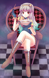  boots bowl chair commentary crossed_legs female gloves grey_hair hairband idolmaster idolmaster_(classic) long_hair perspective photoshop_(medium) red_eyes ryusei2u shijou_takane sitting solo 