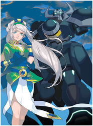  asgard_(wild_arms) avril_vent_fleur belt blue_eyes choker cloud dress female gloves green_eyes green_hairband hair_ornament hairband horns long_hair mecha official_art pointing robot sasaki_tomomi sidelocks sky smile white_hair wild_arms wild_arms_5 