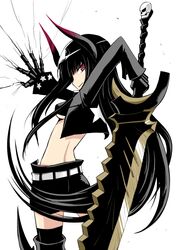  bikini bikini_top_only black_bikini black_gold_saw black_hair black_rock_shooter black_shorts commentary_request female horns king_saw kurakumo_nue long_hair pale_skin red_eyes shorts smile solo swimsuit sword weapon 