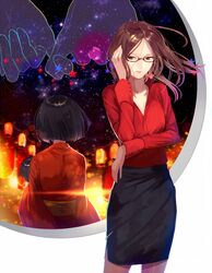  back-to-back banned_artist black_hair brown_eyes brown_hair character_request glasses hayarigami japanese_clothes kimono lantern long_hair multiple_girls pantyhose red-framed_eyewear semi-rimless_eyewear skirt sky star_(sky) starry_sky under-rim_eyewear yusano 