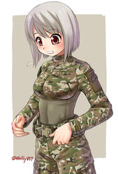  battle_dress_uniform belt blush bob_cut breasts camouflage camouflage_pants combat_belt combat_shirt commentary_request cowboy_shot crop_top ebifly female fingernails flying_sweatdrops grey_background grey_hair jacket long_sleeves looking_down medium_breasts military original painttool_sai_(medium) pants red_eyes simple_background soldier solo standing sweatdrop twitter_username united_states_army woodland_camouflage 