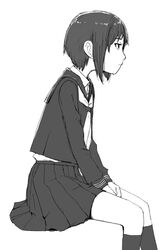  commentary_request female greyscale monochrome naotan original profile school_uniform serafuku short_hair sitting socks 