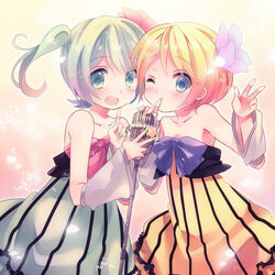  2girls aqua_eyes aqua_hair bad_id bad_pixiv_id blonde_hair blue_eyes blush cheerful_candy_(module) colorful_drop_(module) colorful_x_melody_(vocaloid) dress flower hair_flower hair_ornament hatsune_miku kagamine_rin microphone microphone_stand multiple_girls nail_polish one_eye_closed ousaka_nozomi project_diva_(series) project_diva_2nd short_hair twintails v vintage_microphone vocaloid 