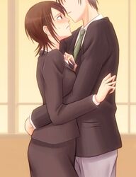  1boy amagami black_jacket black_skirt blazer blush bonnie_(rsg) breasts brown_eyes brown_hair collared_shirt commentary_request dress_shirt female formal from_side green_necktie grey_pants holding hug indoors jacket long_sleeves medium_breasts necktie pants parted_lips school_uniform shirt short_hair skirt skirt_suit straight suit sweatdrop takahashi_maya teacher teacher_and_student white_shirt 