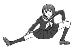  commentary_request female greyscale monochrome naotan original school_uniform serafuku short_hair socks stretching 