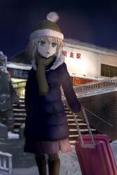  black_background black_footwear blonde_hair blue_coat blue_eyes blurry blurry_foreground bobblehat breath briefcase brown_scarf building casual coat commentary_request depth_of_field female footprints fringe_trim fusou_(fuso0205) girls_und_panzer hat highres hokkaido holding katyusha_(girls_und_panzer) long_sleeves medium_skirt night night_sky pantyhose pink_skirt red_hat rolling_suitcase scarf skirt sky snow solo stairs statue suitcase translated winter winter_clothes 