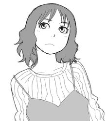  camisole commentary_request female frown greyscale looking_up monochrome naotan original short_hair striped sweater vertical_stripes wavy_hair 