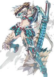  aoin aqua_eyes armor commentary_request female huge_weapon monster_hunter_(character) monster_hunter_(series) monster_hunter_portable_3rd photoshop_(medium) simple_background solo switch_axe weapon white_hair zinogre_(armor) 